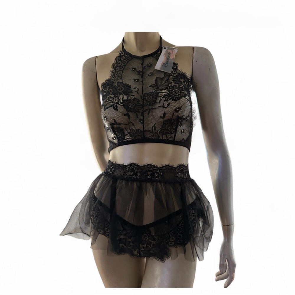 Escante Black Lace Halter, Tutu Garter  and Panty Set- NWT- M